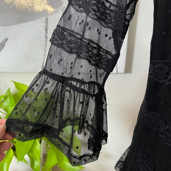 Romantic Goth Black Lace Ruffle Top Mesh Sheer Swiss Dot Bell Sleeve Medium - Picture 5 of 9